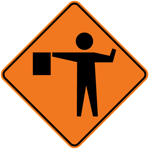 Work Zone Street Sign Showing a Warning Graphic for Flag Person Ahead